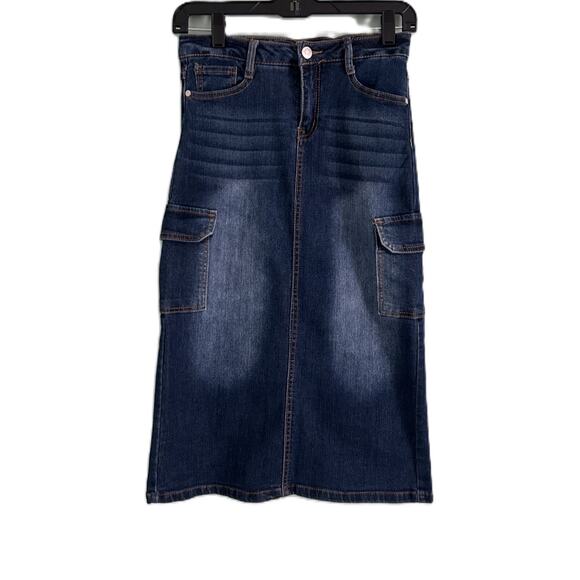 NWT Wallflower Girl Dark Denim Girls Maxi Cargo Skirt w/ Fading Back Split-12 - Picture 1 of 7